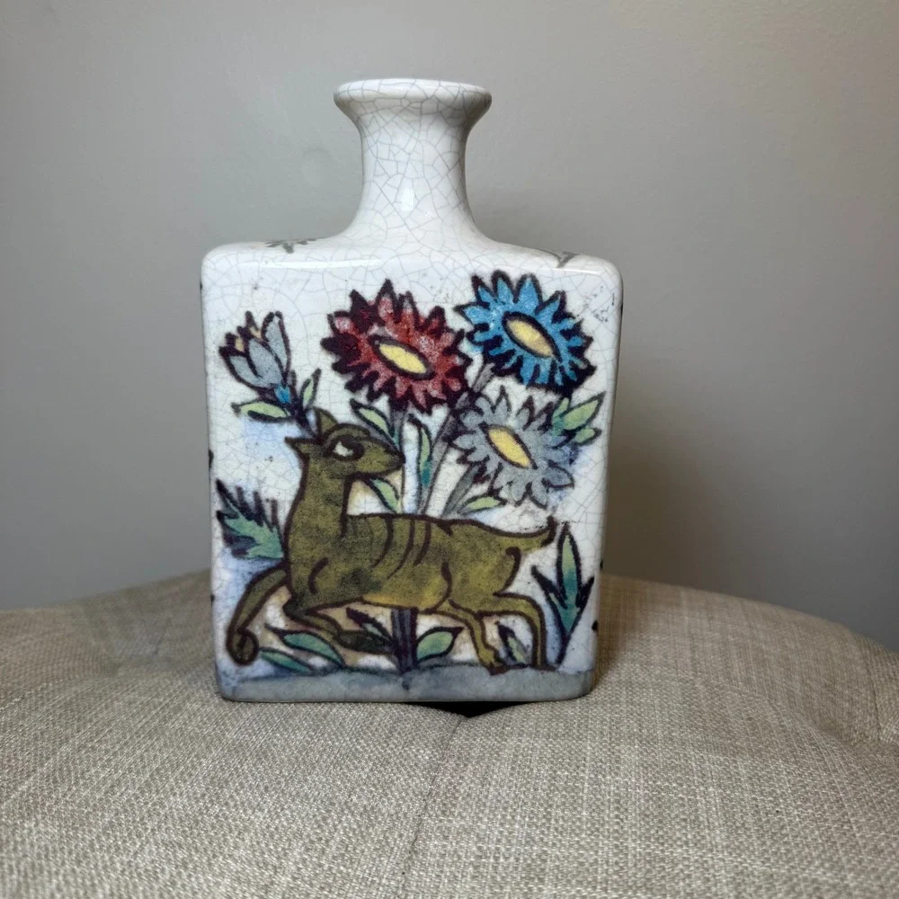 Pottery Barn Mini Iznik Square Vase Crackle Glaze Deer Birds Floral Stoneware